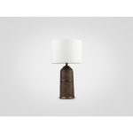 Лампа настольная на декоративной ножке цвета состаренного металла с белым абажуром 