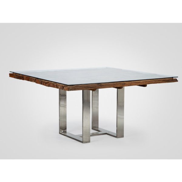 Стол обеденный квадратный со столешницей из состаренного тика под стеклом — изображение 2