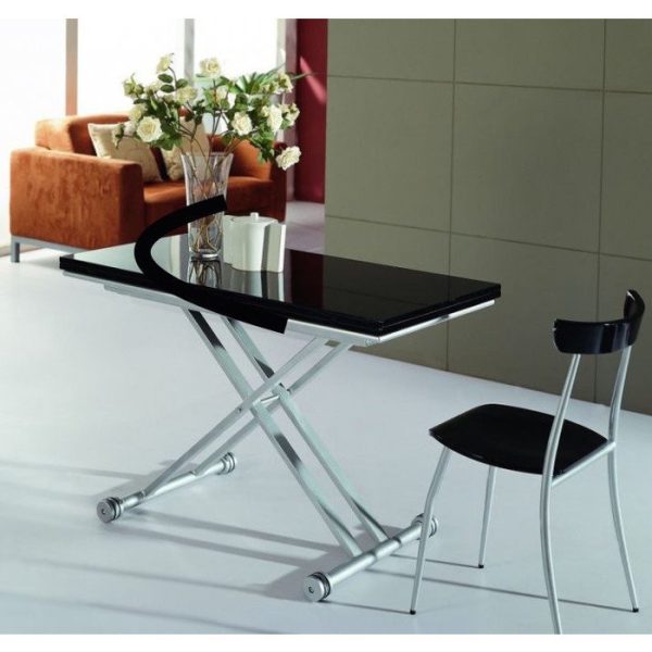 Раскладной журнально-обеденный стол с регулируемой высотой и черной глянцевой столешницей — изображение 3