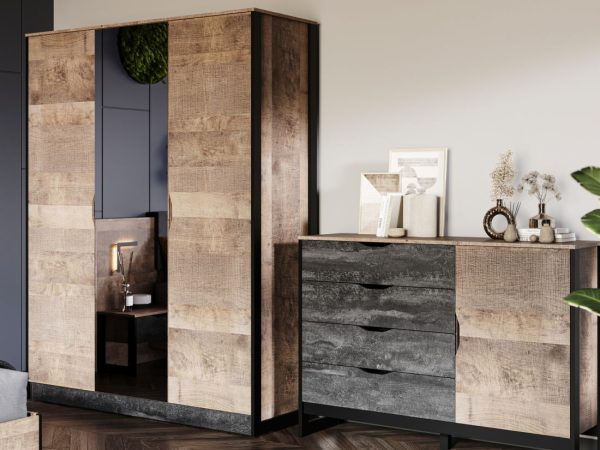 Шкаф «Стокгольм» 3дв, Дуб гранж песочный/Железный камень — изображение 4