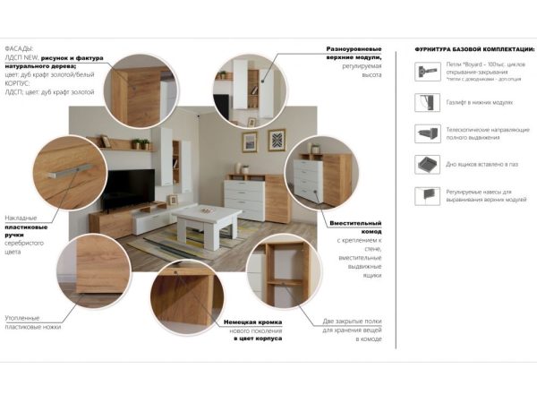 Стенка «Невио-1», Дуб крафт золотой/белый — изображение 5
