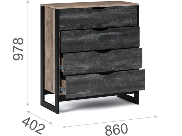 Комод «Стокгольм» 4ящ, Дуб гранж песочный/Железный камень — изображение 3
