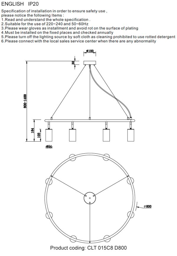 Светильник подвесной Crystal Lux CLT 015C8 D800 BL — изображение 3