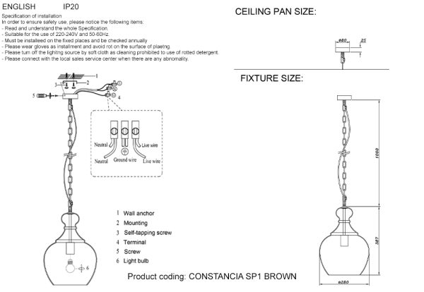 Светильник подвесной Crystal Lux CONSTANCIA SP1 BROWN — изображение 3
