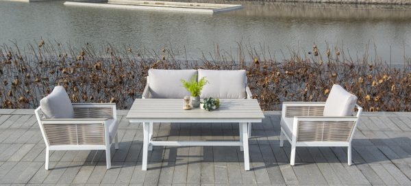 "Сан Ремо" диван 2-местный плетеный из роупа, каркас алюминий белый, роуп бежевый, ткань бежевая — изображение 5