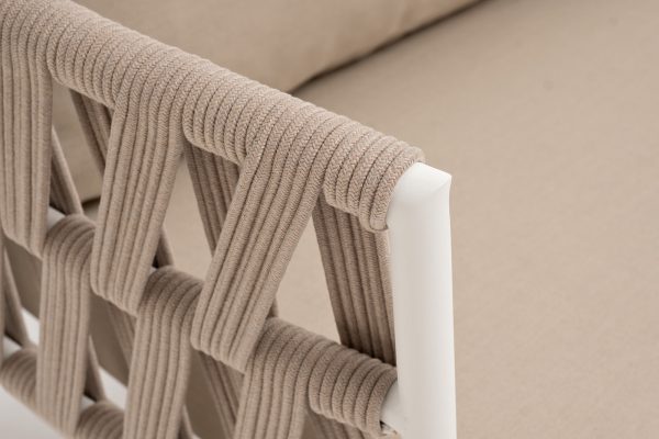 "Диего" диван 2-местный плетеный из роупа, каркас алюминий белый муар, роуп бежевый круглый, ткань бежевая 035 — изображение 5