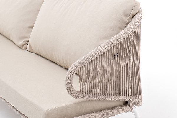 "Милан" диван 3-местный плетеный из роупа, каркас алюминий белый муар, роуп бежевый круглый, ткань бежевая 052 — изображение 5