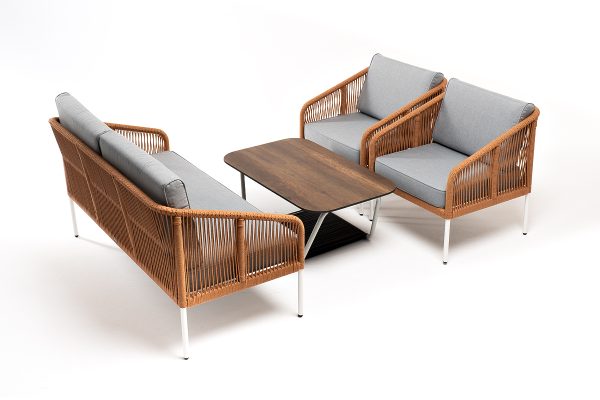 "Канны" лаунж-зона 4-местная из роупа со столом "Глория" цвет "дуб", каркас алюминиевый белый, роуп оранжевый меланж — изображение 4