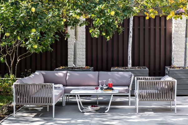 "Касабланка" диван модульный плетеный из роупа, каркас алюминий, роуп серо-коричневый 23мм, ткань бежевая 052 — изображение 5