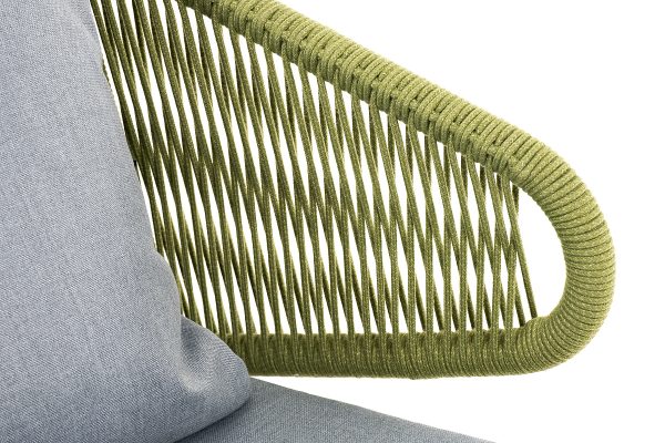 "Милан" диван 2-местный плетеный из роупа, каркас алюминий светло-серый (RAL7035) шагрень, роуп салатовый меланж круглый, ткань светло-серая — изображение 5