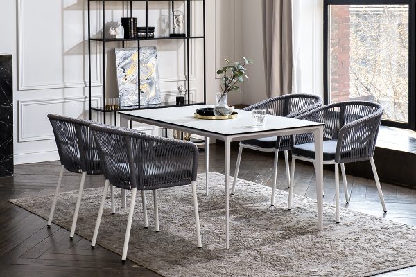 "Малага" обеденная группа на 4 персоны со стульями "Марсель", каркас белый, роуп светло-серый — изображение 5