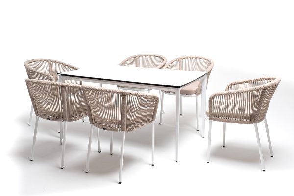 "Малага" обеденная группа на 6 персон со стульями "Марсель", каркас белый, роуп бежевый — изображение 4