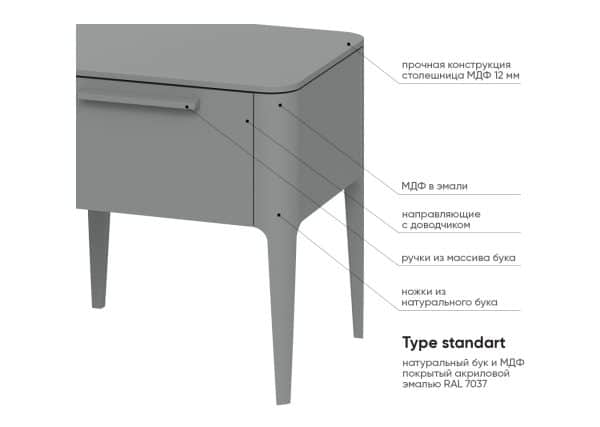 Тумба прикроватная Type 2 ящика ширина 60 см (серый) — изображение 4