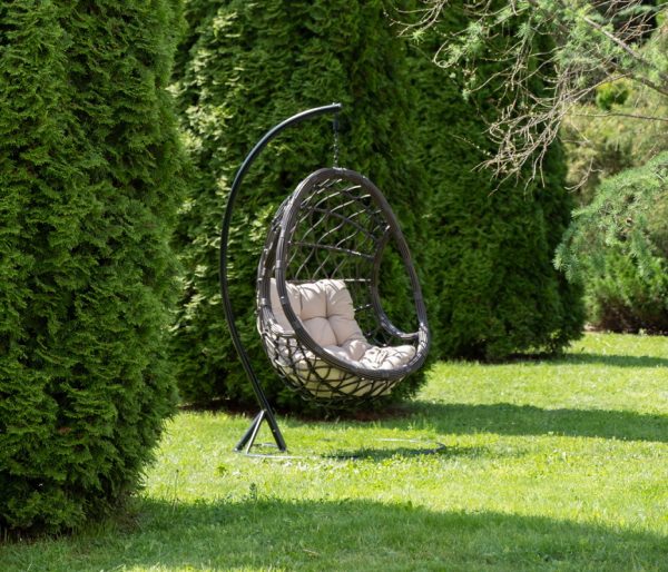 "Венеция" подвесное кресло-кокон из искусственного ротанга, цвет серый с бежевой подушкой — изображение 3