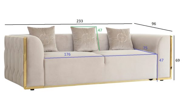 102AN-DIV-9173-BEG Диван Bern трехместный, велюр бежевый 233*96*69см — изображение 4