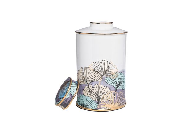 55RD4540L Ваза керамич. с крышкой белая "Листья Гинкго" d18*31см — изображение 2