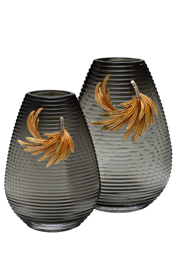 55RV6590L Ваза стеклянная серая с золотой веточкой 21*12*31см — изображение 2