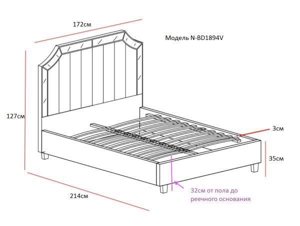 N-BD1894V GR Кровать с зеркальными вставками серая 214*172*127см — изображение 4