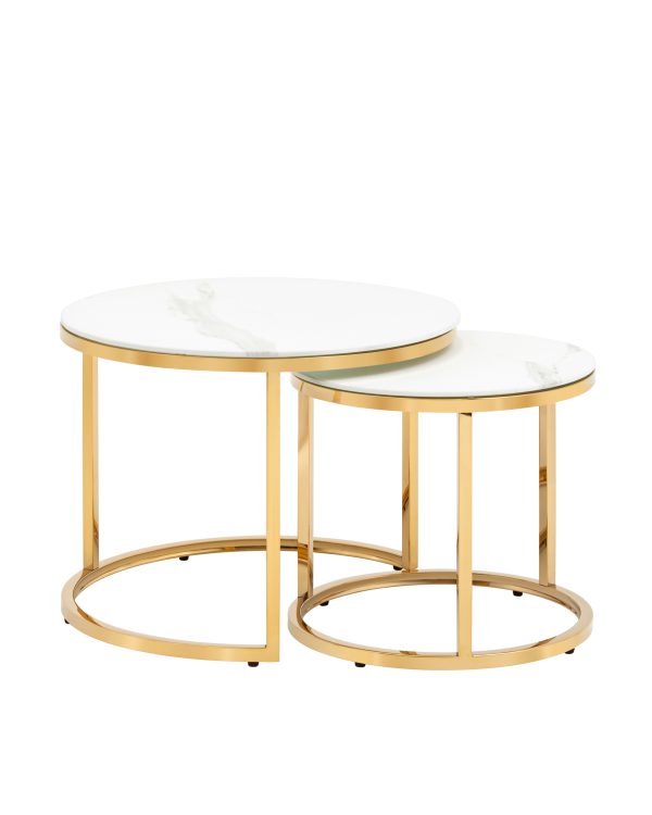 Набор журнальных столиков Селена 60 и 45 см стекло белый мрамор сталь золото — изображение 2