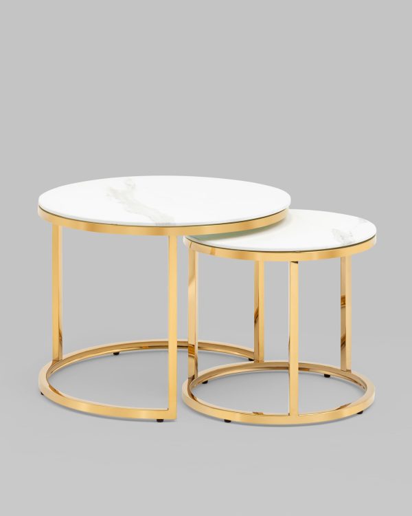 Набор журнальных столиков Селена 60 и 45 см стекло белый мрамор сталь золото — изображение 3