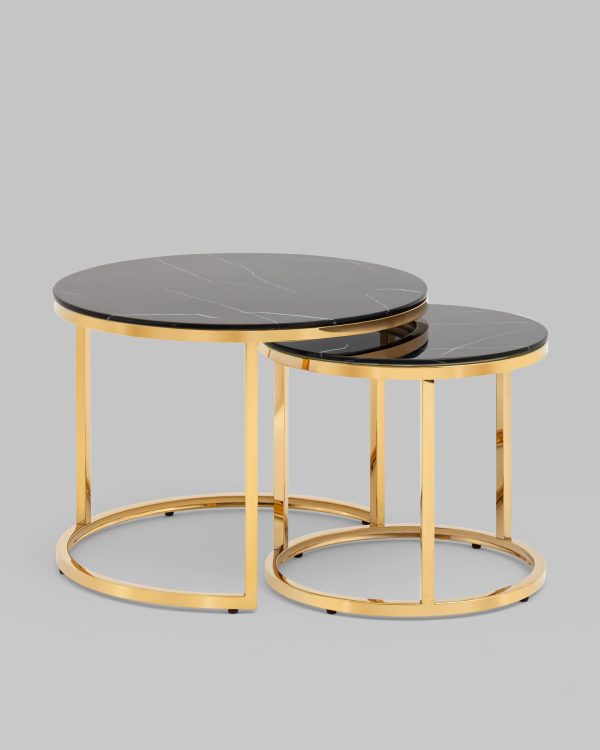 Набор журнальных столиков Селена 60 и 45 см стекло черный мрамор сталь золото — изображение 2