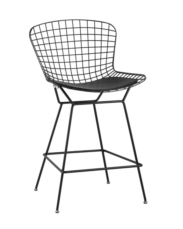 Стул полубарный с низкой спинкой Bertoia черный с черной подушкой Стул полубарный с низкой спинкой Bertoia черный с черной подушкой