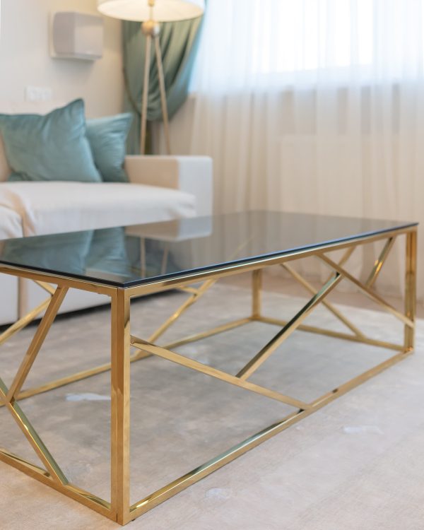 Журнальный стол 120*60 АРТ ДЕКО стекло smoke сталь золото — изображение 3