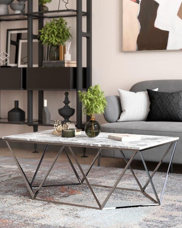 Журнальный столик Авалон 122*66 серый мрамор сталь серебро — изображение 3