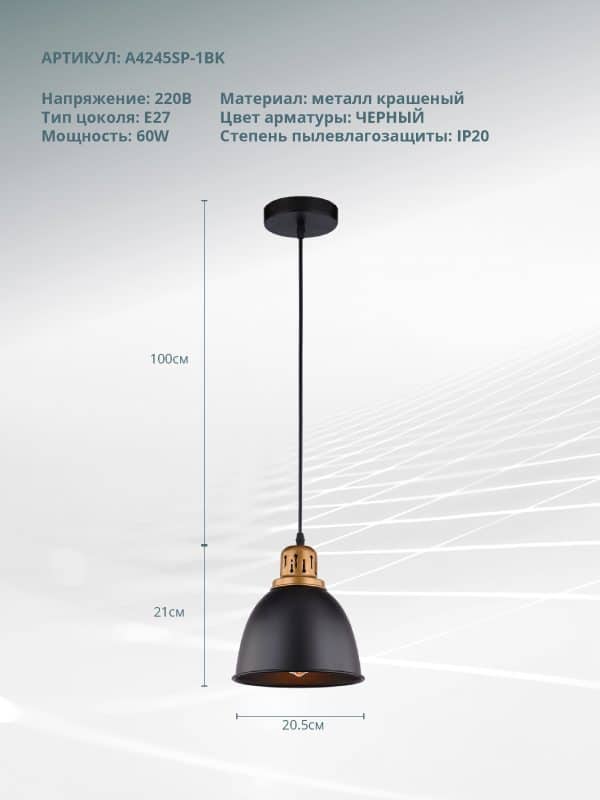 Подвесной светильник Arte Lamp EURICA A4245SP-1BK — изображение 5