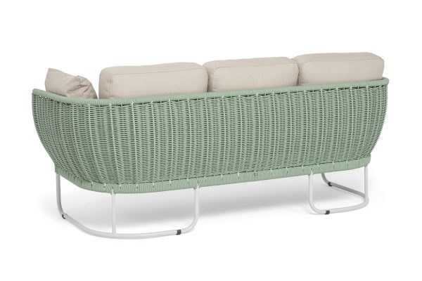 "Фиджи" диван 3-местный плетеный из роупа, каркас алюминий светло-серый (RAL7035) муар, роуп зеленый (4204) круглый tex, ткань Mossle бежевая — изображение 5