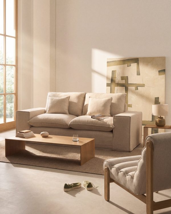 Anarela бежевый льняной диван 2-местный со съемным чехлом и подушками 240 см — изображение 4