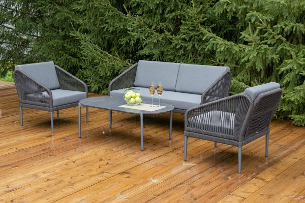 "Канны" лаунж-зона 4-местная (разборная) из роупа со столиком "Диего" цвета "серый гранит", роуп темно-серый круглый, ткань темно-серая — изображение 5