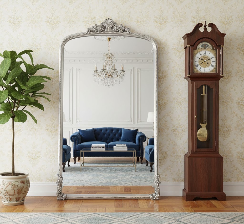 Зеркало в арочной резной серебряной раме Excellence Зеркало в арочной резной серебряной раме Excellence